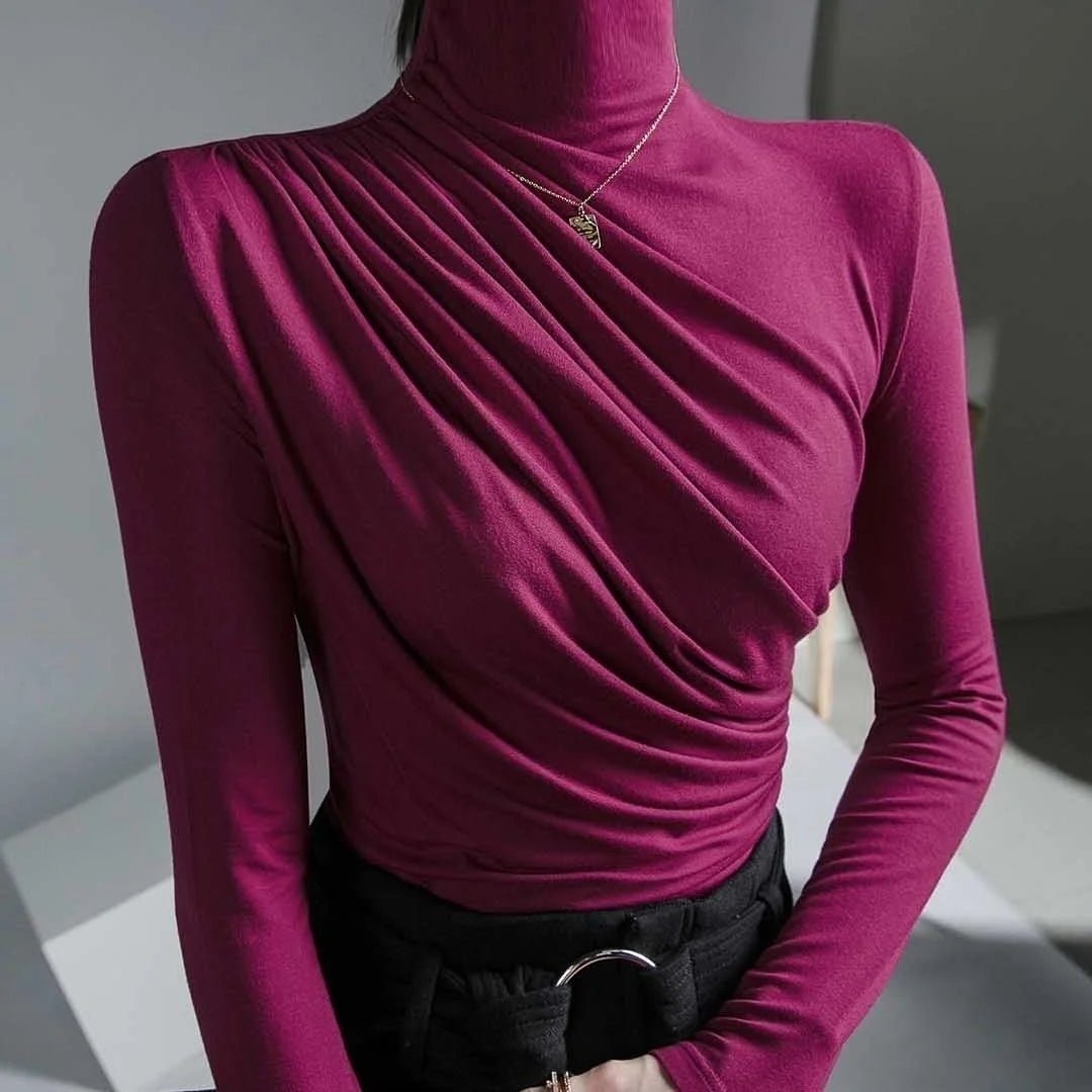 Women’s High Neck Pleated Blouse – Tailored Long Sleeve Smart Top