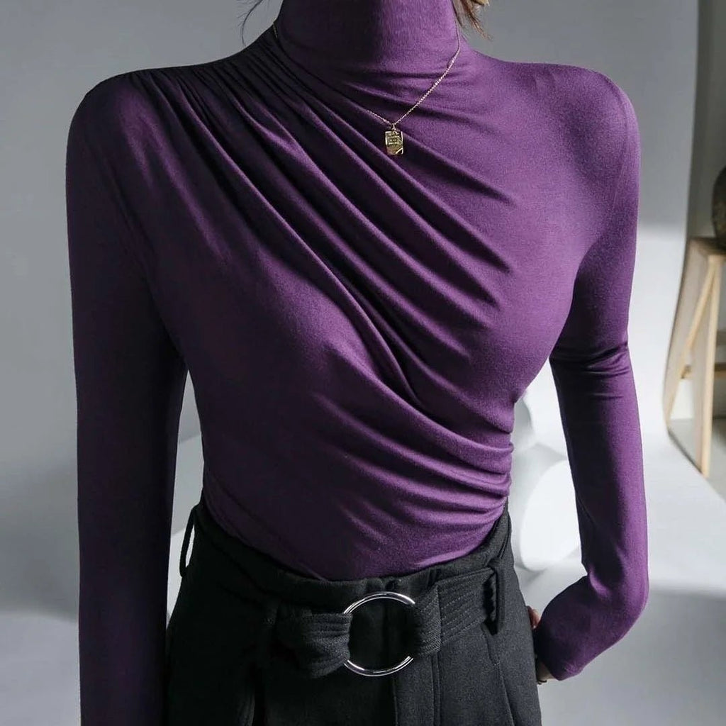 Women’s High Neck Pleated Blouse – Tailored Long Sleeve Smart Top