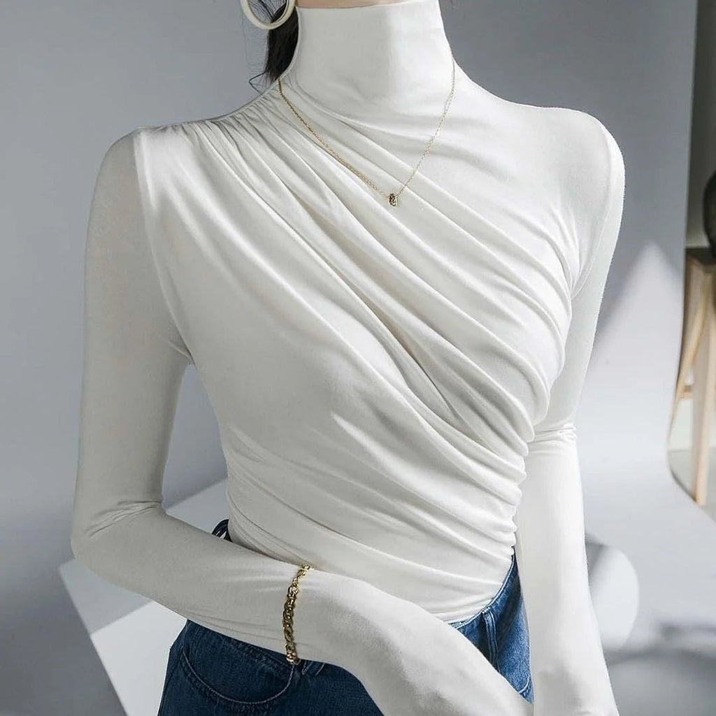 Women’s High Neck Pleated Blouse – Tailored Long Sleeve Smart Top