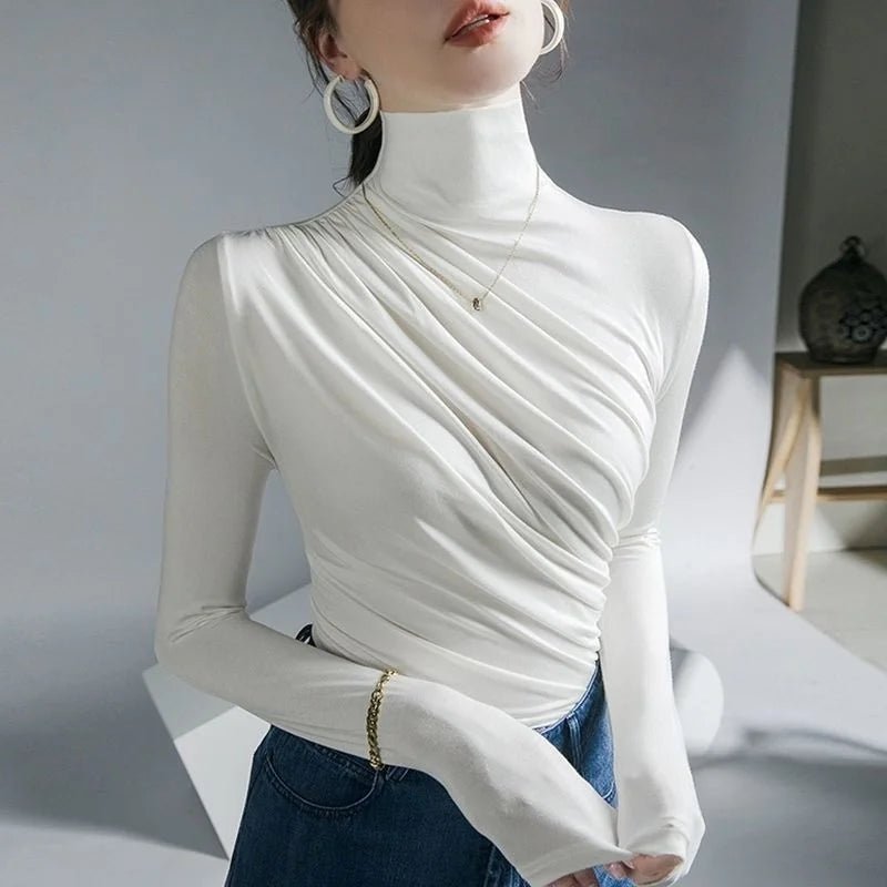 Women’s High Neck Pleated Blouse – Tailored Long Sleeve Smart Top