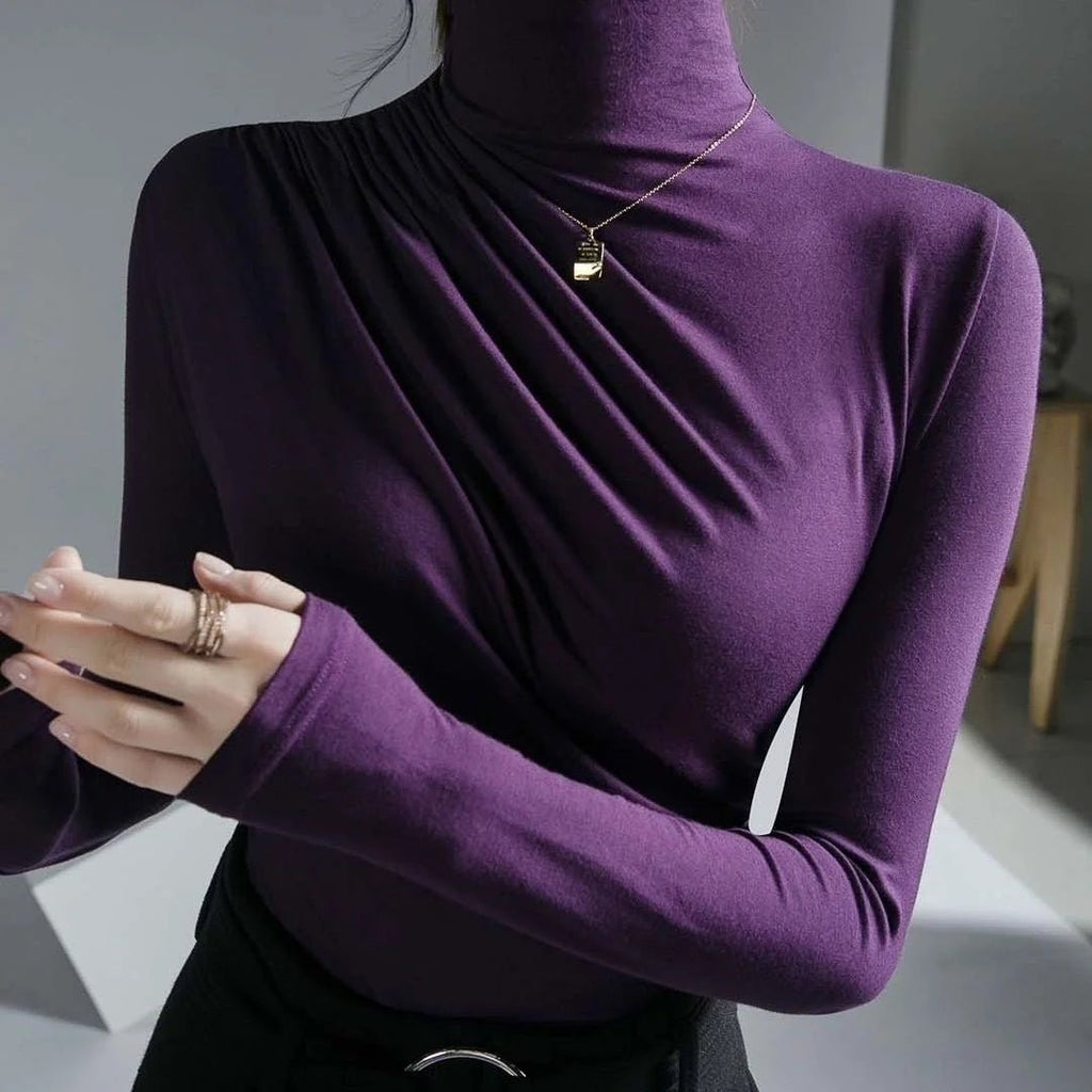 Women’s High Neck Pleated Blouse – Tailored Long Sleeve Smart Top