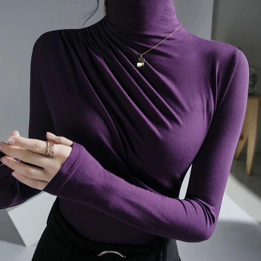 Women’s High Neck Pleated Blouse – Tailored Long Sleeve Smart Top