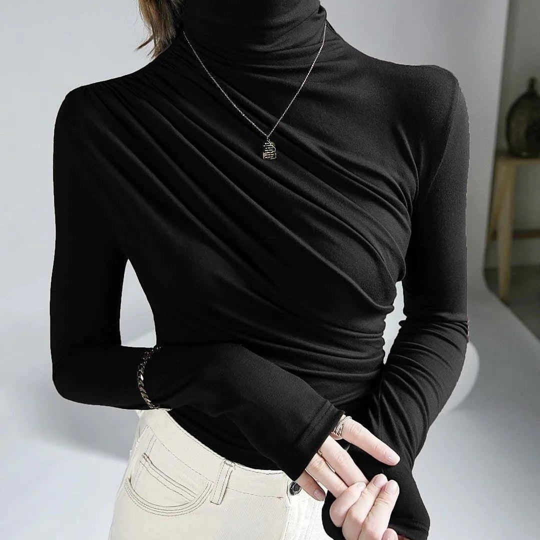 Women’s High Neck Pleated Blouse – Tailored Long Sleeve Smart Top