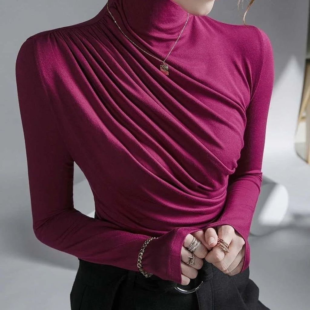 Women’s High Neck Pleated Blouse – Tailored Long Sleeve Smart Top