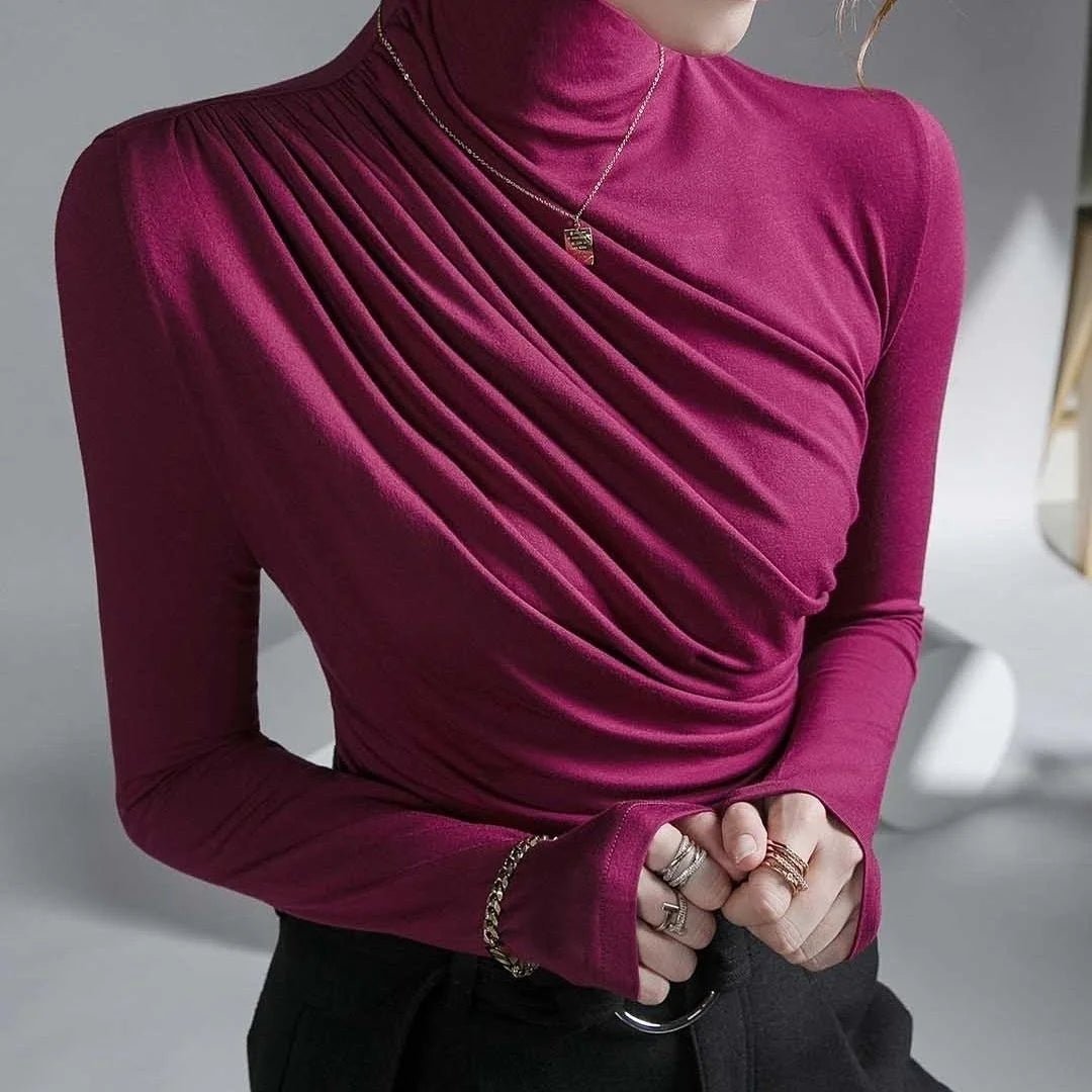 Women’s High Neck Pleated Blouse – Tailored Long Sleeve Smart Top