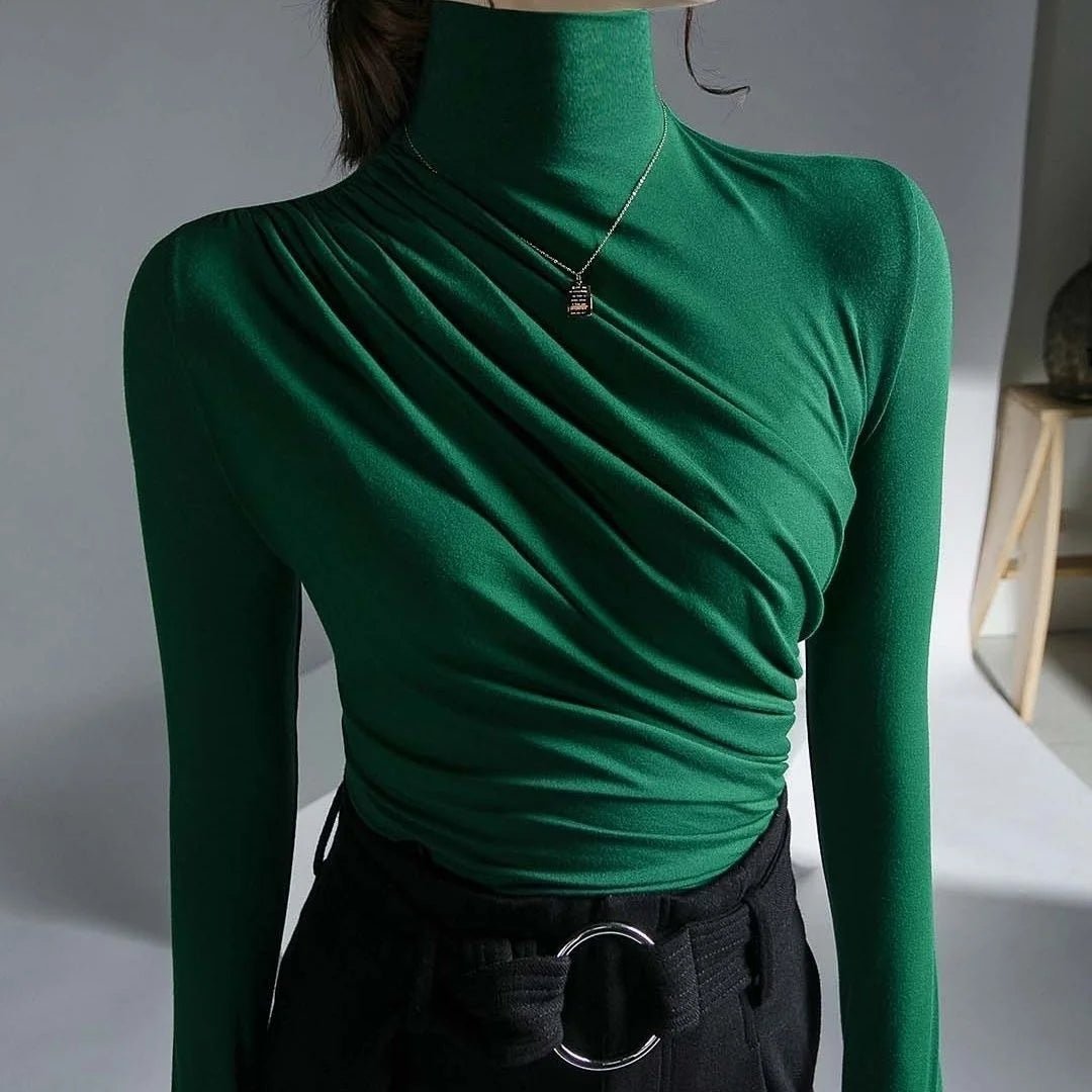 Women’s High Neck Pleated Blouse – Tailored Long Sleeve Smart Top