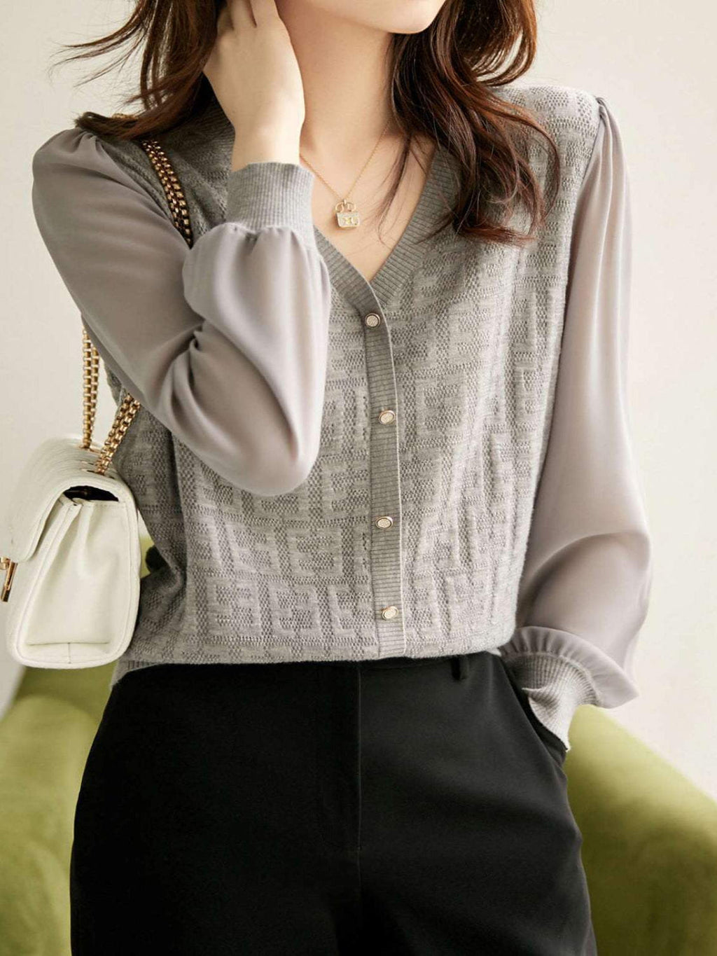 Women’s V-Neck Knit Top – Lightweight Polyester Cambric Jumper with Button Detail