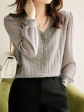 Women’s V-Neck Knit Top – Lightweight Polyester Cambric Jumper with Button Detail