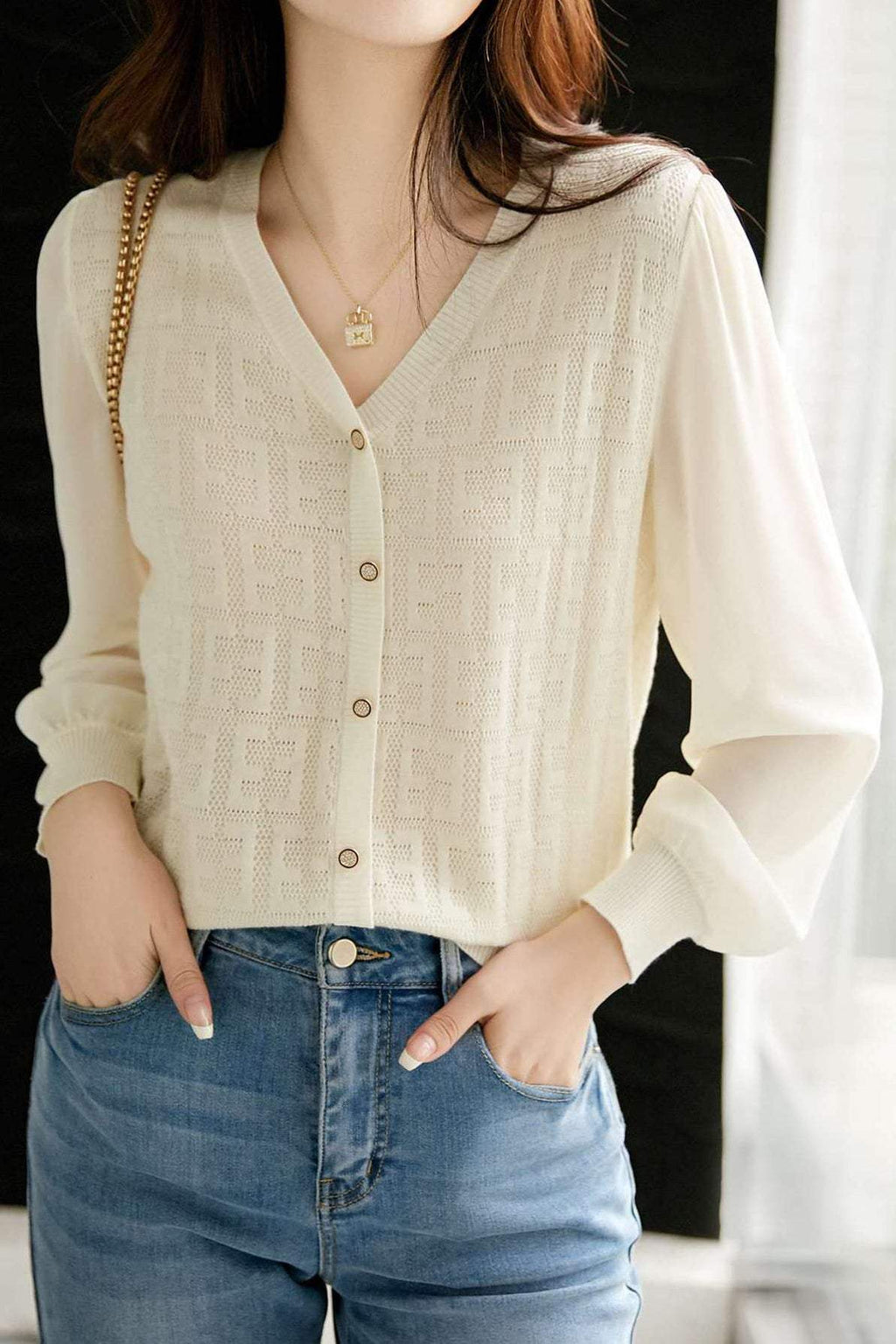 Women’s V-Neck Knit Top – Lightweight Polyester Cambric Jumper with Button Detail