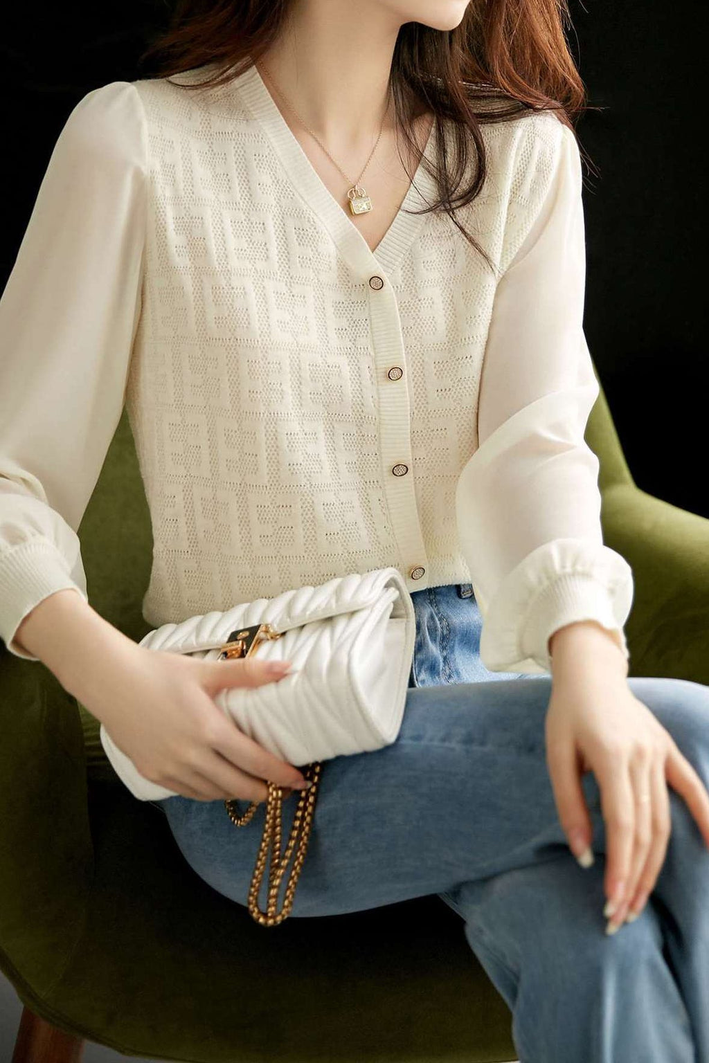 Women’s V-Neck Knit Top – Lightweight Polyester Cambric Jumper with Button Detail