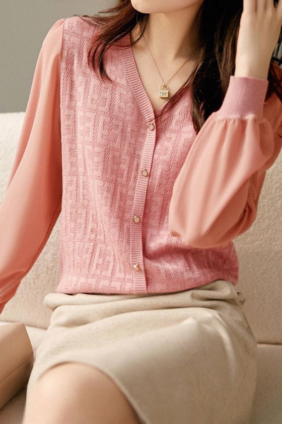 Women’s V-Neck Knit Top – Lightweight Polyester Cambric Jumper with Button Detail