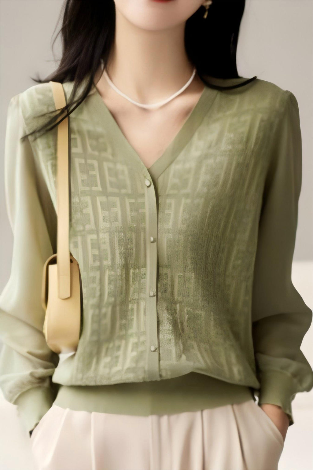 Women’s V-Neck Knit Top – Lightweight Polyester Cambric Jumper with Button Detail