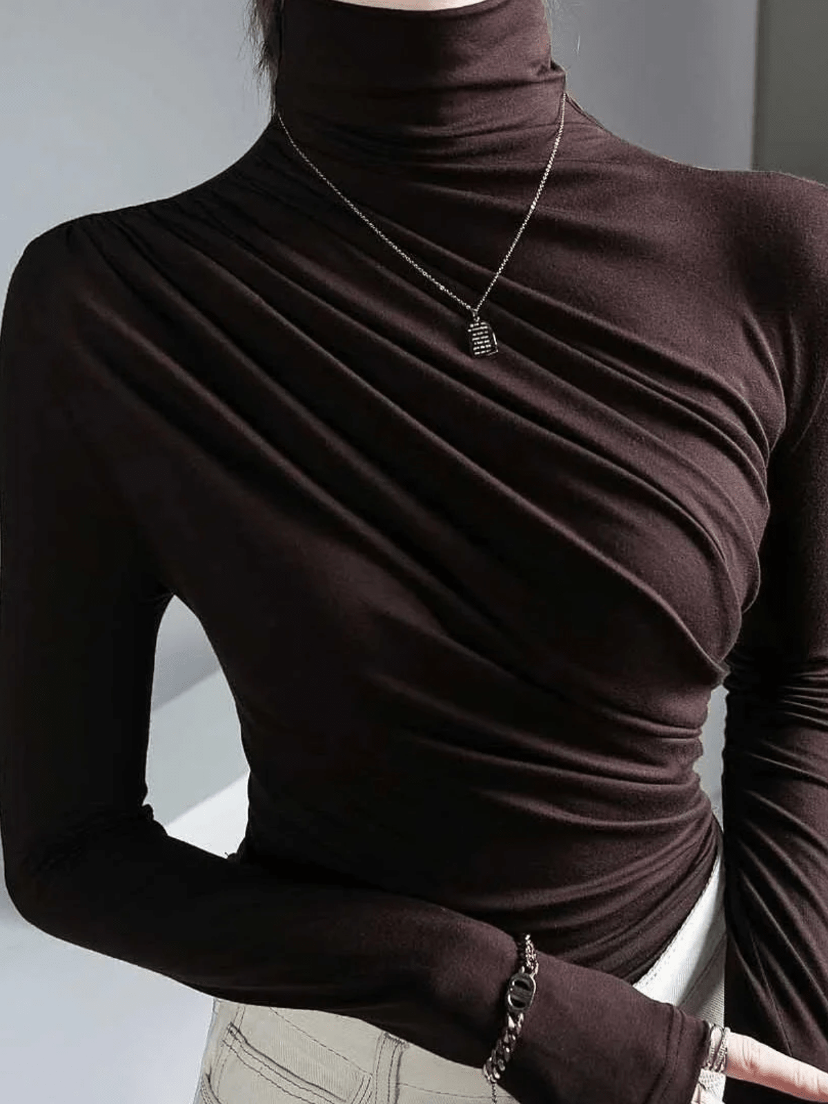 Women’s High Neck Pleated Blouse – Tailored Long Sleeve Smart Top