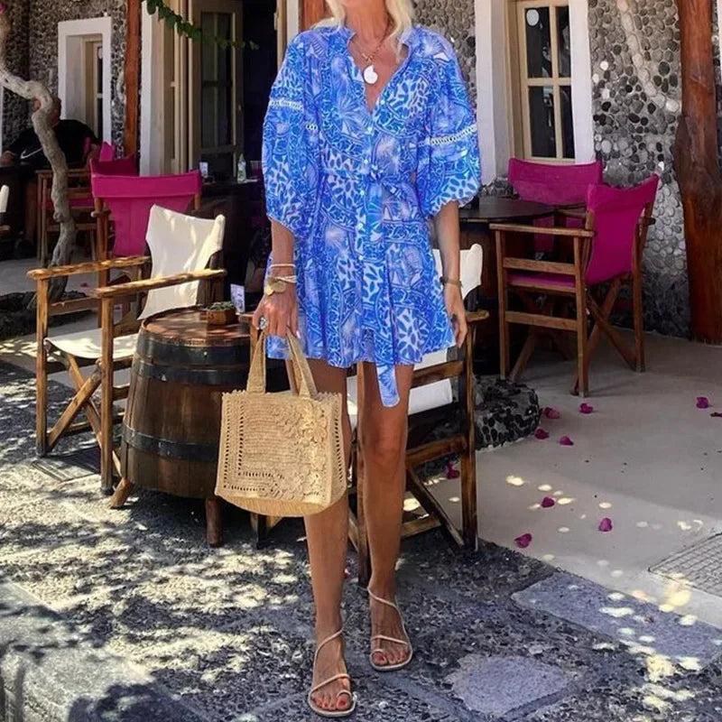 Flowy Blue Mini Dress with V-Neck & Tie Waist
