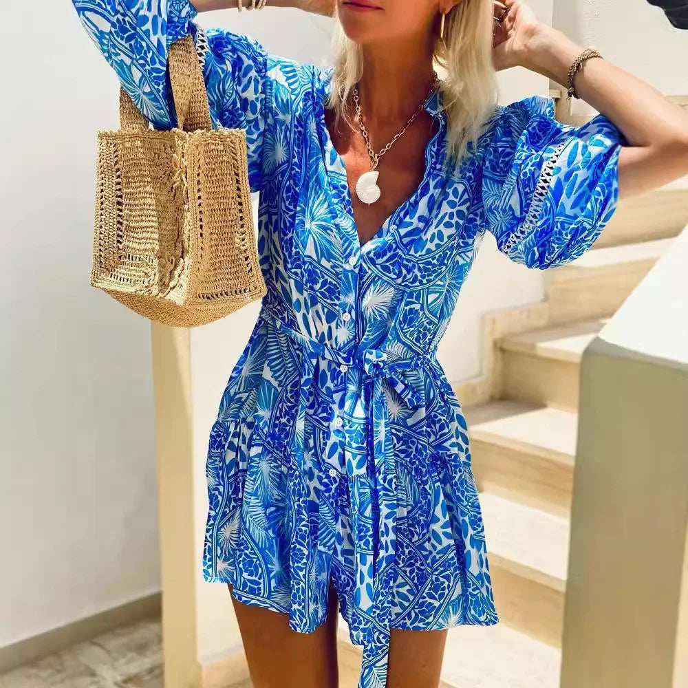 Flowy Blue Mini Dress with V-Neck & Tie Waist