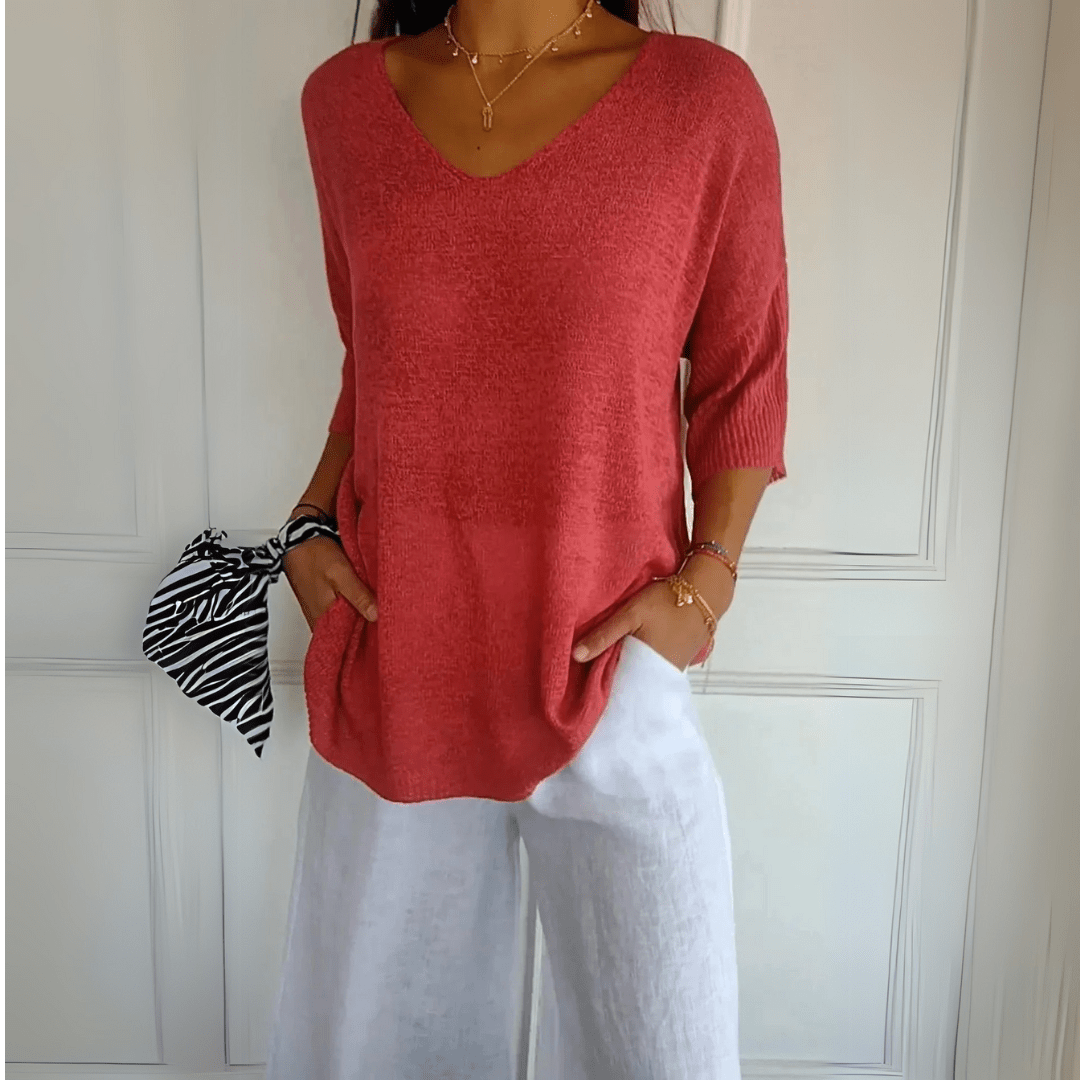 Women’s V-Neck Relaxed Fit Top – Lightweight Casual Knit