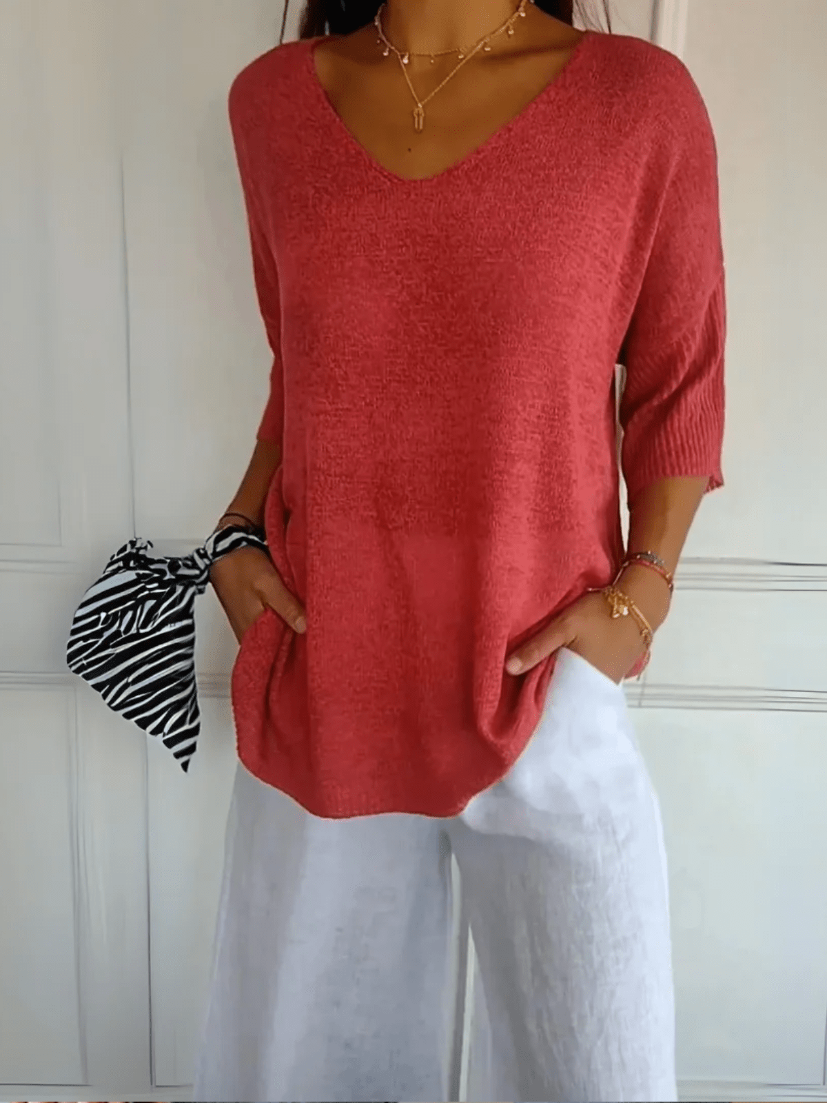 Women’s V-Neck Relaxed Fit Top – Lightweight Casual Knit